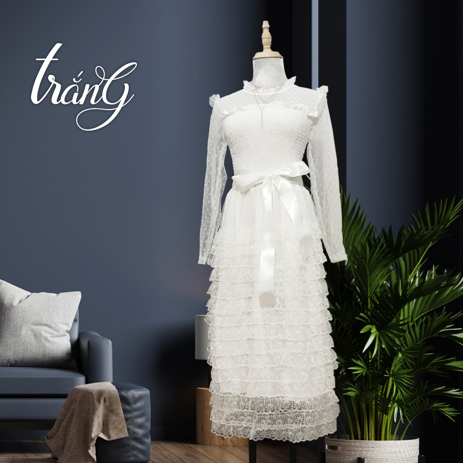 ĐẦM REN TRẰNG XẾP TẦNG CỔ ĐIỂN DẠO PHỐ THANH LỊCH KHÔNG KÈM VÒNG CỔ - HÌNH CHỤP THẬT