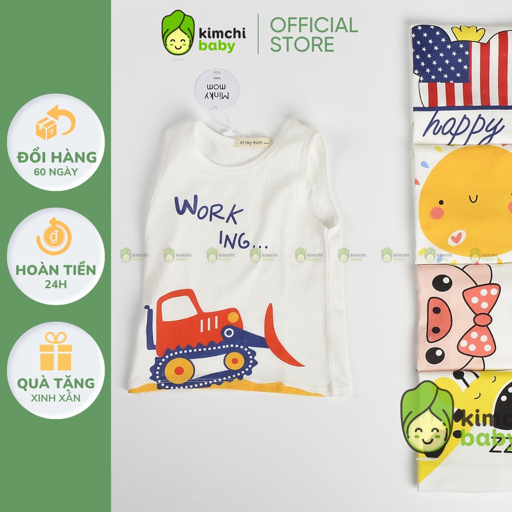 Áo Ba Lỗ Bé Trai, Bé Gái Minky Mom Vải Cotton 100% Trắng Basic Họa Tiết Dễ Thương, Áo 3 Lỗ Cho Bé Mặc Hè MKMA2115