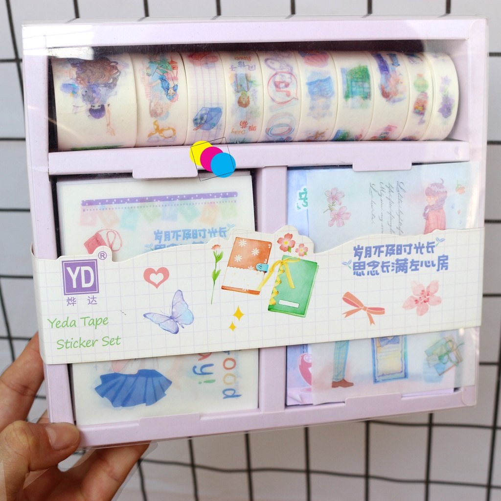 Set washi lớn tape kèm sticker - Size lớn, nhiều sticker và washi