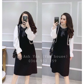 Váy suông nữ men phối viền dạ cách điệu kiểu mới – đầm suông phối tay trắng cực xinh, cổ tay nhún bèo đẹp