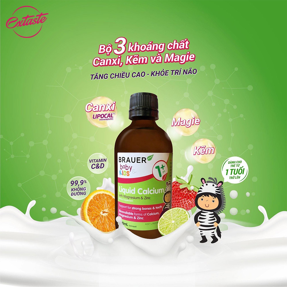 Siro bổ sung kẽm, canxi, magie Brauer Baby &amp; Kids Liquid Calcium with Magnesium &amp; Zinc cho trẻ trên 1 tuổi 200ml
