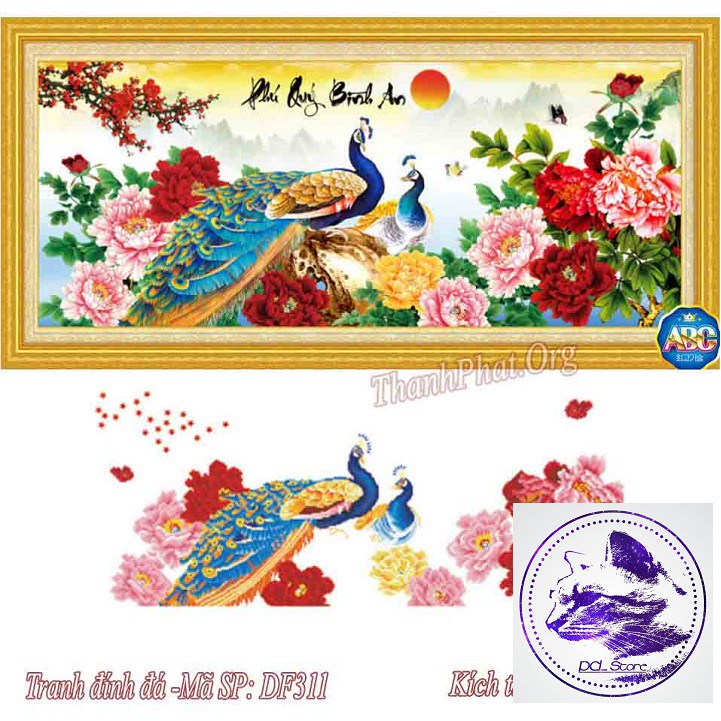 Tranh đính đá chim công Phú Quý Bình An. Kích thước 115x52cm