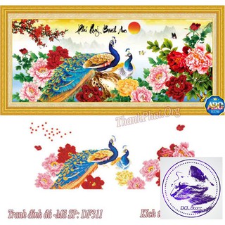Tranh đính đá chim công Phú Quý Bình An. Kích thước 115x52cm