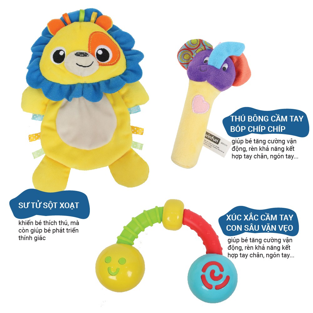 Set 3 đồ chơi xúc xắc lục lạc chíp chíp, thú bông sột soạt hình sư tử Winfun 3028