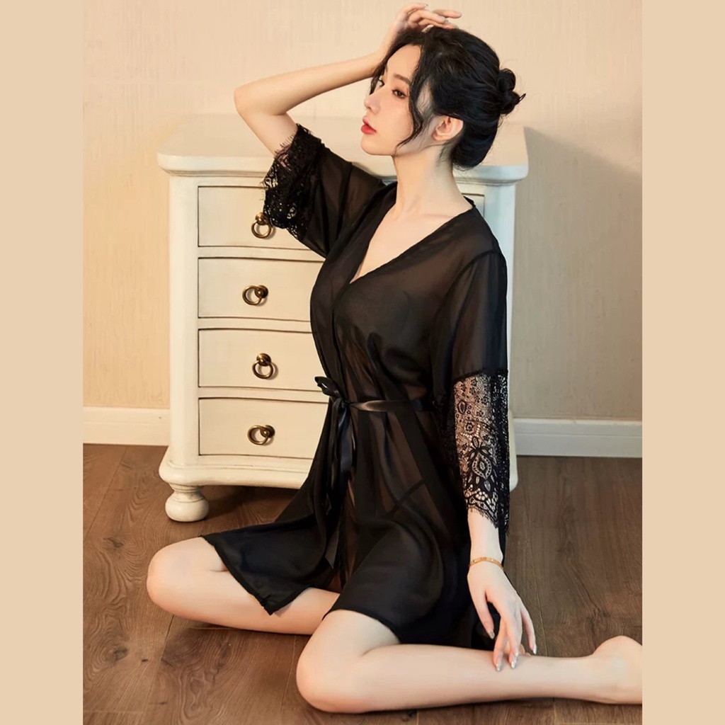 [Kèm Chíp] Áo Choàng Ngủ Voan Xuyến Thấu Phối Tay Lỡ Ren Sexy Gợi Cảm Quyến Rũ Mainia Shop