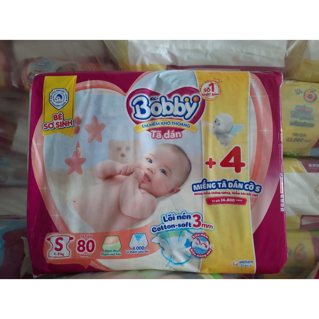 Bĩm dán bobby,tã dán sơ sinh siêu thấm bobby đủ size xs70 s56 s80  tặng kèm thêm miếng mẫu mới lõi nén thần kỳ