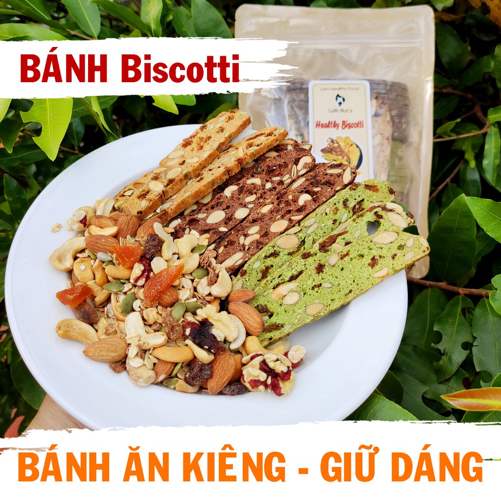 Bánh Ăn Kiêng Biscotti 500g- Bánh ngũ cốc ăn kiêng không đường - Biscotti Mix 3 Vị - Vani, Chocolate, Match