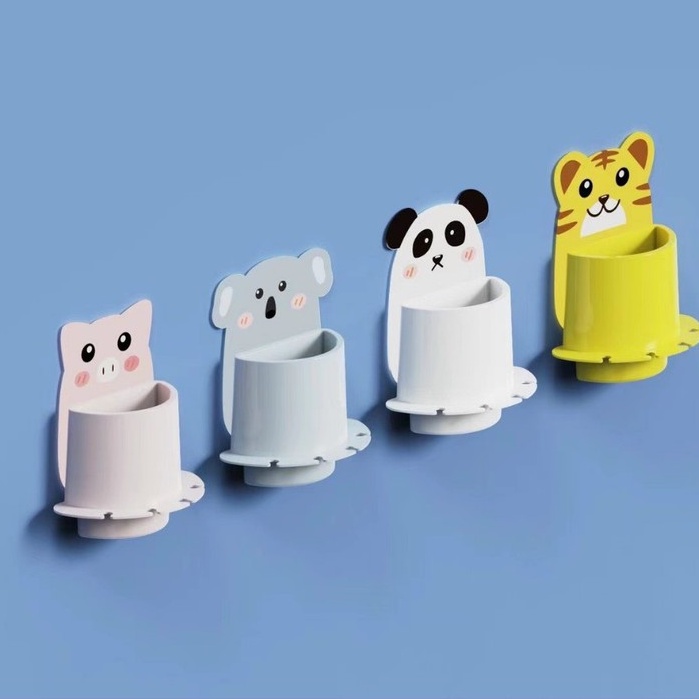 Kệ thú đựng bàn chải đánh răng siêu cute Cốc dán tường hình thú để bàn chải đánh răng hình gấu có lỗ thoát nước tiện lợi
