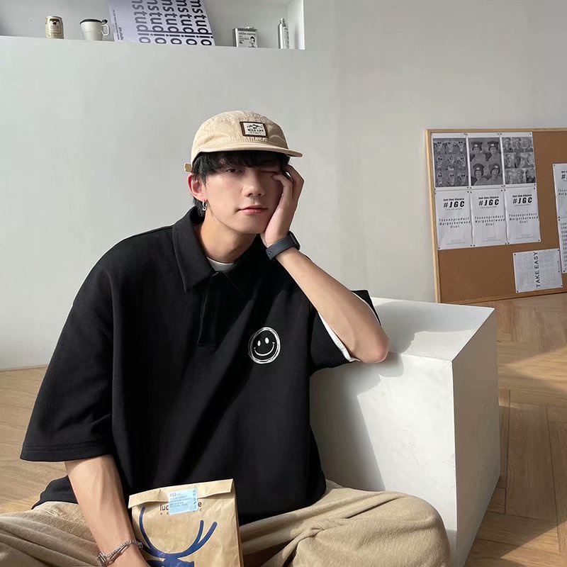Áo sơ mi polo in thời trang Áo polo Tay Ngắn Dáng Rộng Họa Tiết Mặt Cười Thời Trang Hàn Quốc Cho Nam