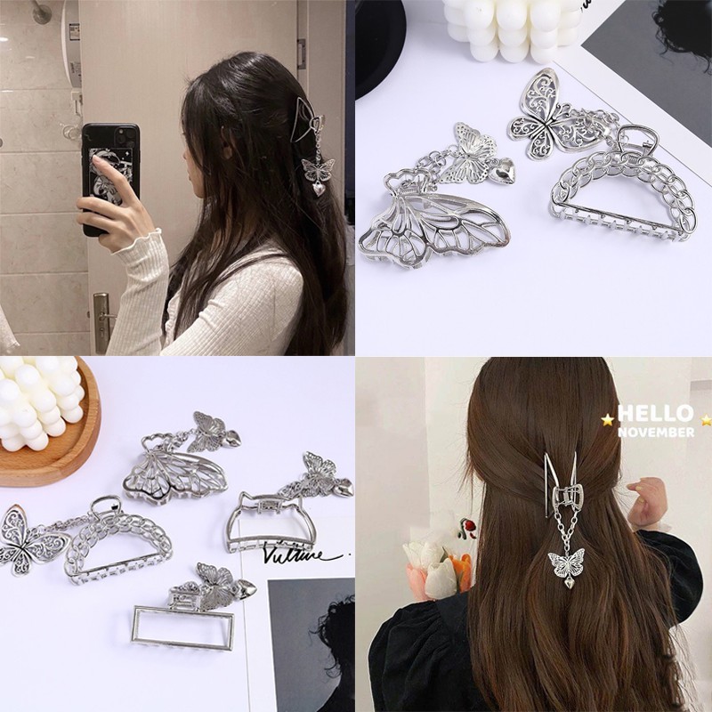 Kẹp tóc phối hình bướm phối dây xích phong cách Hàn Quốc