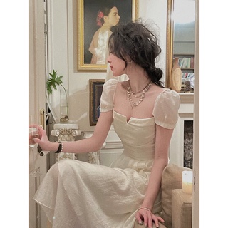 Đầm nữ midi trắng cổ vuông khoét V tay phồng nhẹ bo eo lưng chun Rossy Fashion - SR155