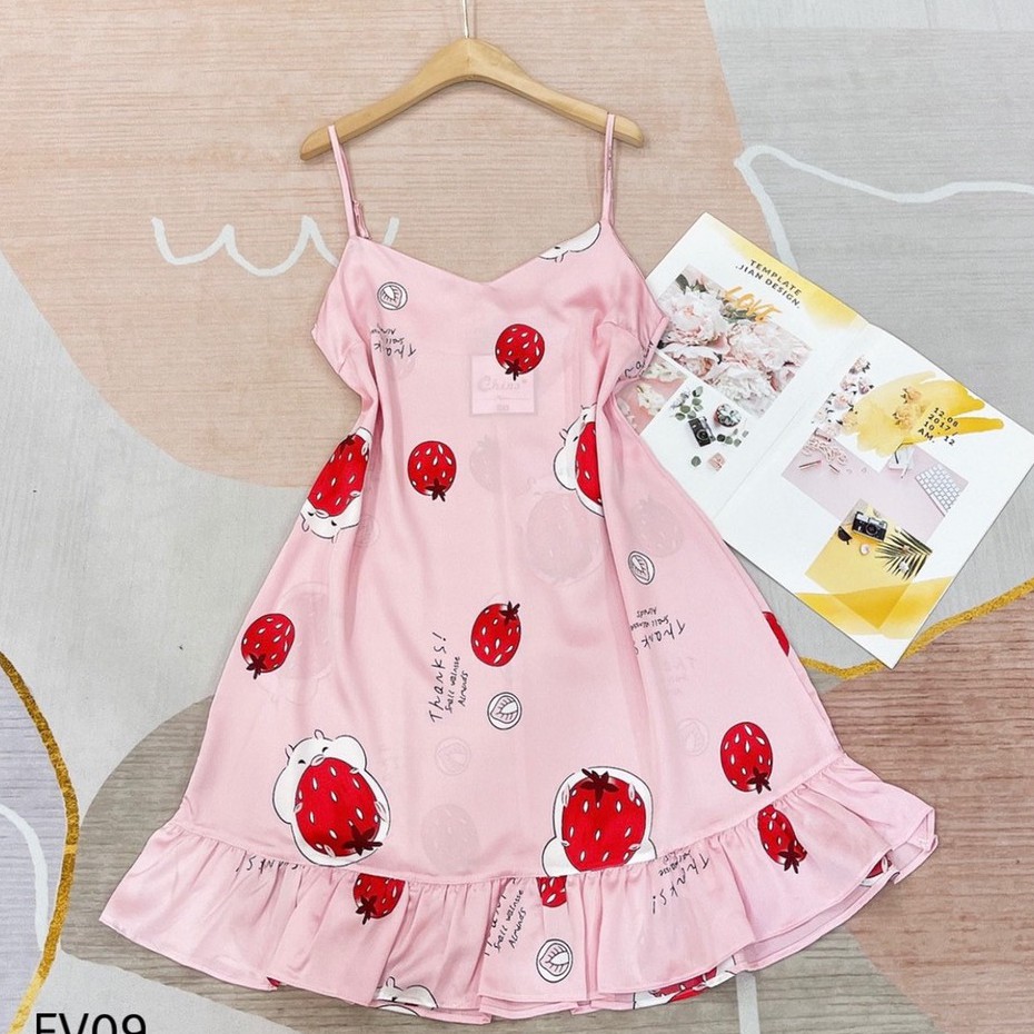 Đầm Ngủ 2 Dây Lụa Satin mềm mịn mát in hình siêu cute (nhiều mẫu)