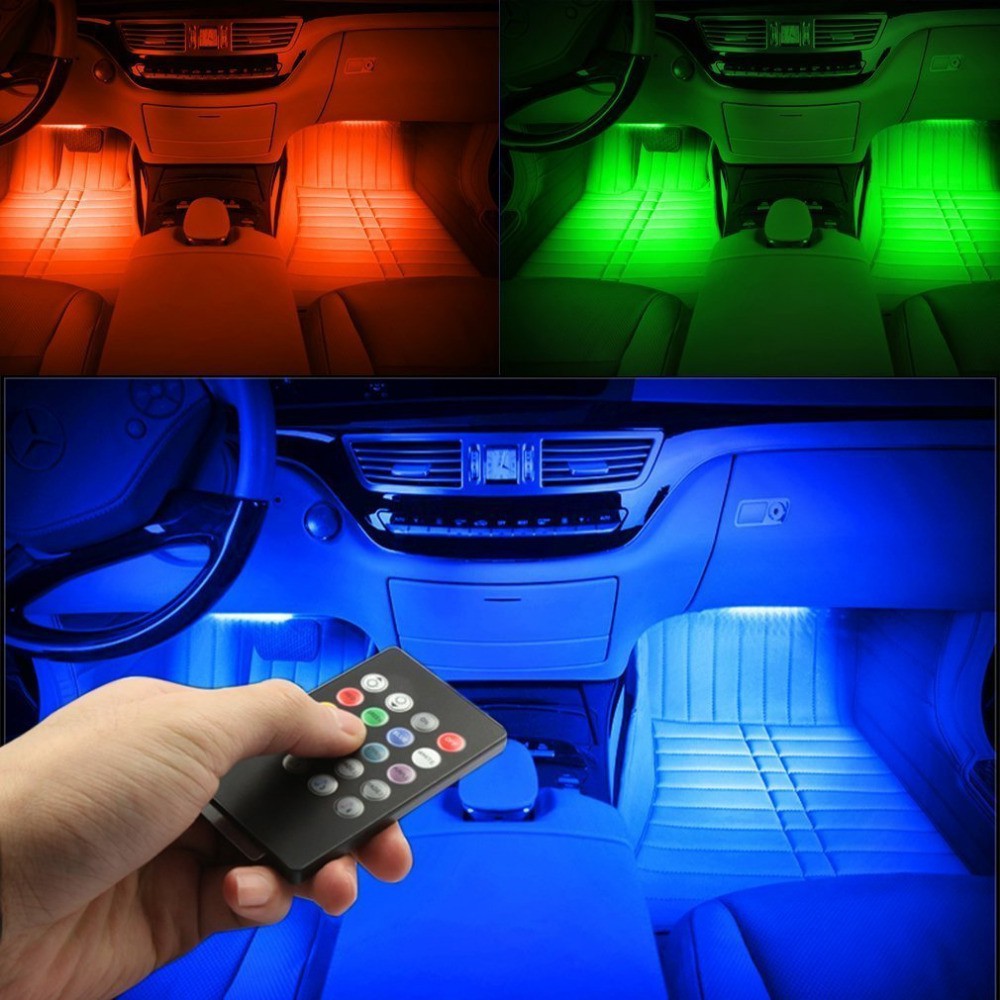 Bộ đèn Auto Interni RGB màu 9 LED 12 LED dải đèn điều khiển tự động điều khiển âm nhạc không dây 7 màu khí quyển RGB dải đèn neon