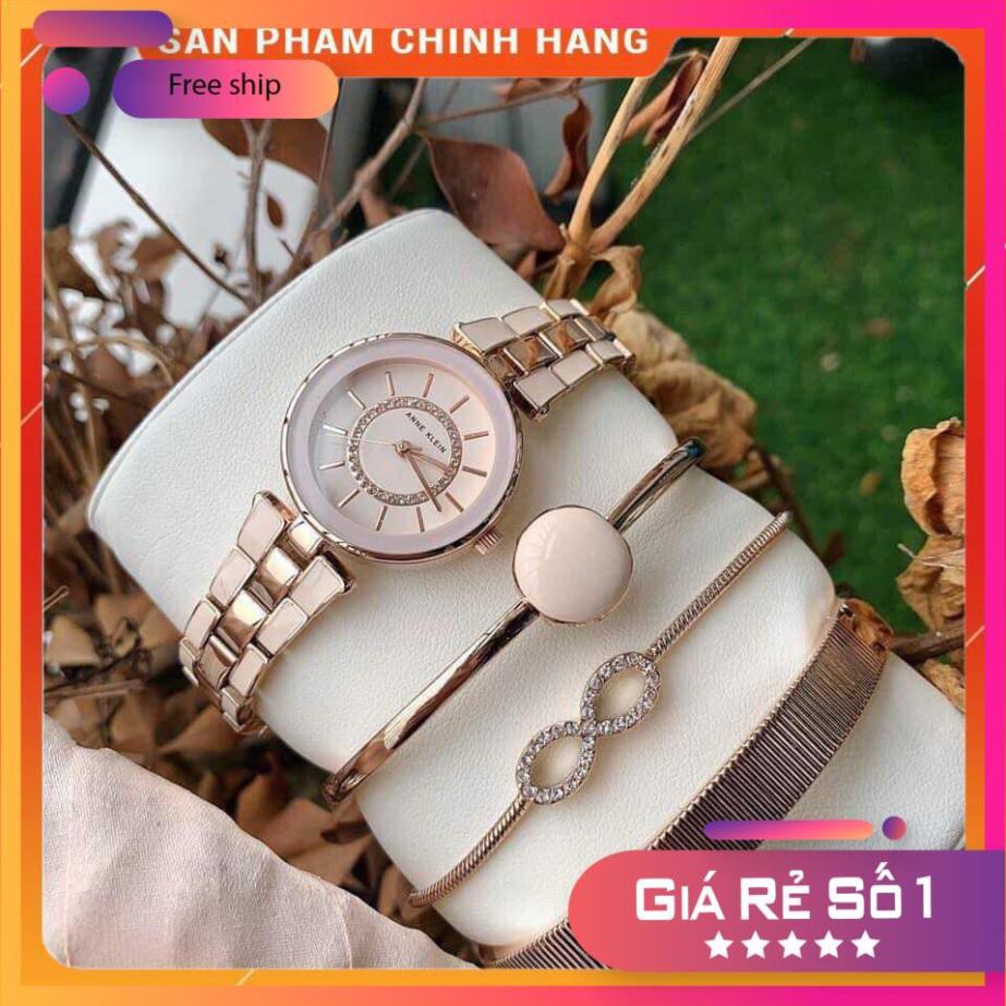 Set đồng hồ nữ Anne Klein AK/3286LPST hồng kèm 3 vòng đính đá Swarovski Full Box ⚜️Hàng Authentic⚜️