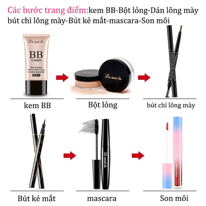 Bộ trang điểm đầy đủ LAMEILA 6 món， Kem BB, Phấn phủ,  Mascara, Chì kẻ mày, Kẻ mắt, Son kem，LML-T6