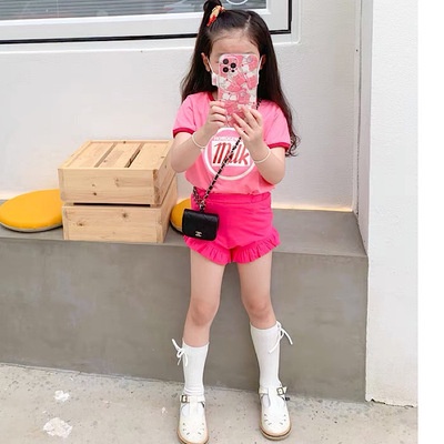 Bộ Đồ Bơi Hai Mảnh Áo Thun Cổ Tròn Tay Ngắn In Chữ + Quần Short Viền Ren Dễ Thương Phong Cách Hàn Quốc Cho Bé Gái
