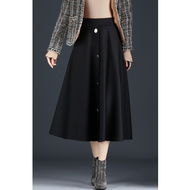 Chân váy dài cạp cao qua gối midi ullzang dáng xòe màu đen trơn đính khuy chất liệu tuyết mưa cực đẹp Siêu sang chảnh