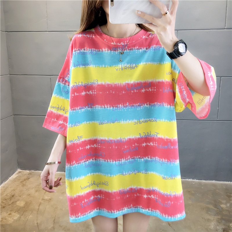 Áo Thun Tay Ngắn Cổ Tròn Họa Tiết Kẻ Sọc Phối Màu Tương Phản Thời Trang Mùa Hè