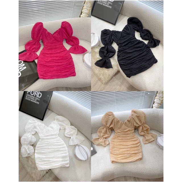 Đầm body nhún tay phồng