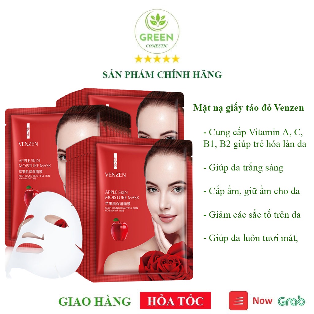 Mặt nạ giấy dưỡng ấm trắng da tái tạo da giảm mụn táo đỏ Venzen nội địa trung cao cấp Green Comestic