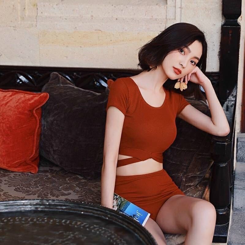 Bikini, đồ bơi Hai Mảnh Áo Croptop Quần Short Cam Đất Xinh Cho Ngày Hè R46