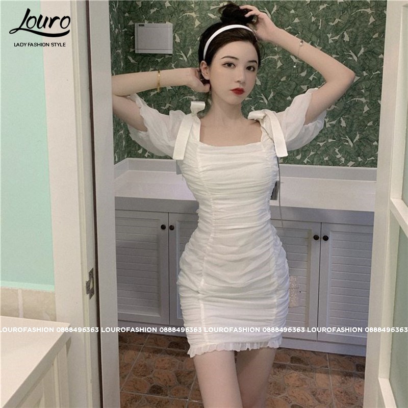 Đầm body trắng cổ vuông tay phồng, mẫu đầm nhún eo che khuyết điểm hiệu quả, tôn dáng tôn da -L065 | BigBuy360 - bigbuy360.vn