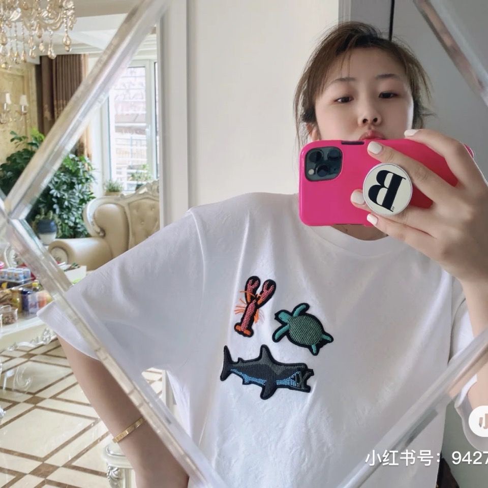 Lv europe station ocean series whale printed pattern high-quality t-shirt nam và nữ same style t-shirt