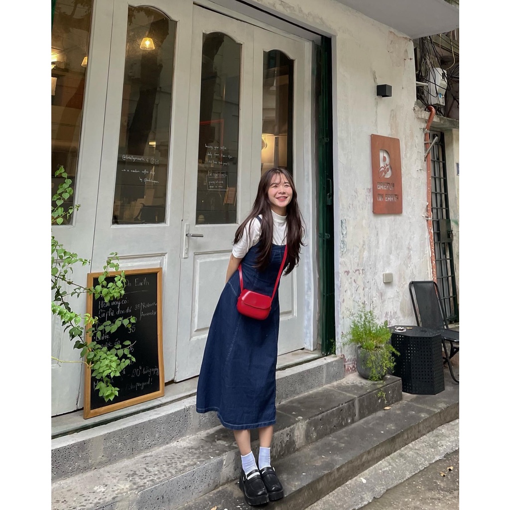 Váy yếm bò chiết eo xoè dài the.sweaterweather TSW (ảnh thật)