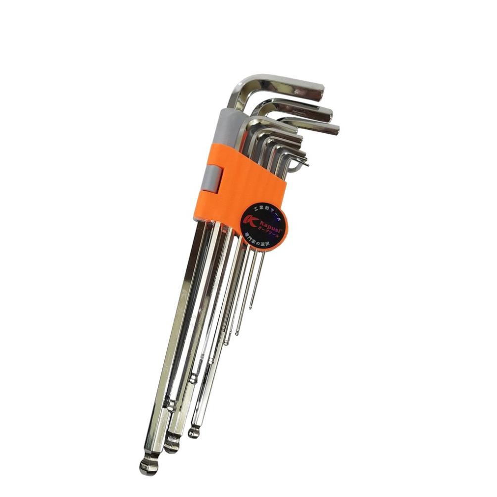 (siêu cứng)Bộ lục giác đầu bi 9 món Kapusi - Không trờn thép cao cấp trắng