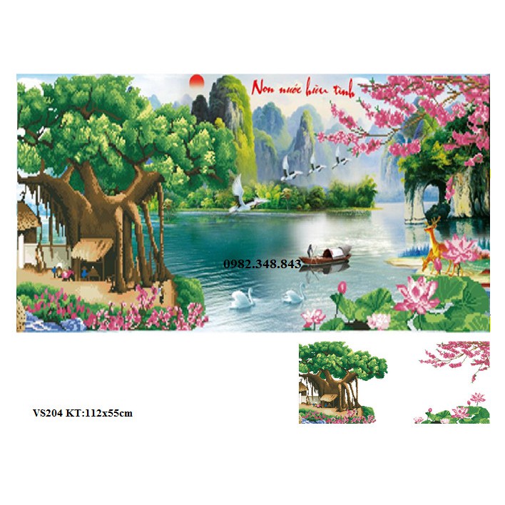 Tranh đính đá phong cảnh non nước hữu tình KT:112x55cm. Tranh gắn đá tự đính.