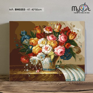 Tranh tô màu tự vẽ sơn dầu số hóa BH0253 Tranh bình hoa tĩnh vật cổ điển sang trọng Lọ hoa Tịnh hương