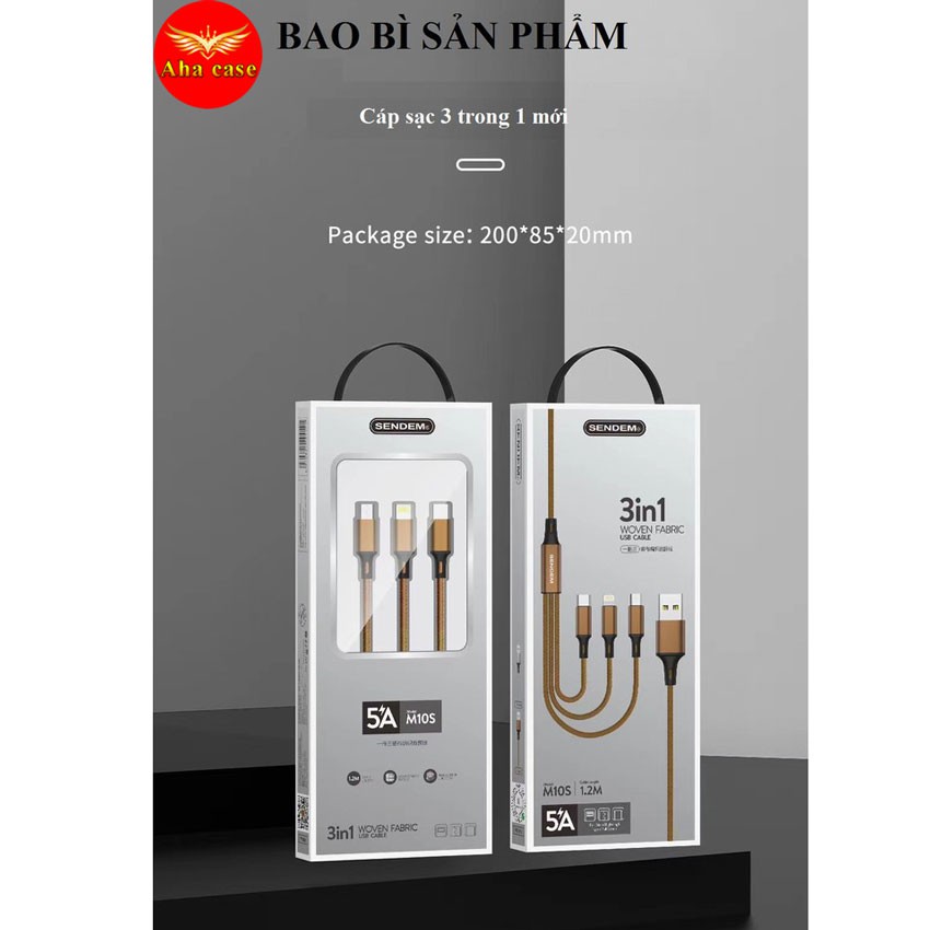 [Bán Chạy-Freeship] Cáp sạc 3 chân dây dù chính hãng SD M10s, Sạc 3 điện thoại 1 lúc 3in1 sạc nhanh, bảo hành 1 năm