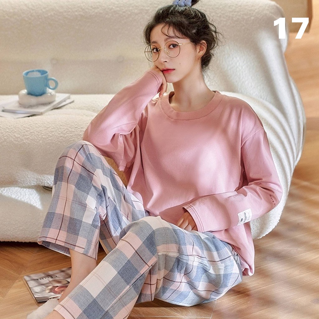 Bộ Mặc Nhà Pyjama Tea Store Cotton Dài Tay QC Họa Tiết Gấu Áo Trắng Quần Xanh 6
