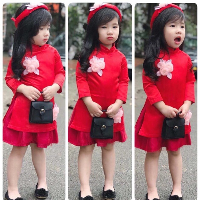Set áo dài gấm kèm mấn bé gái