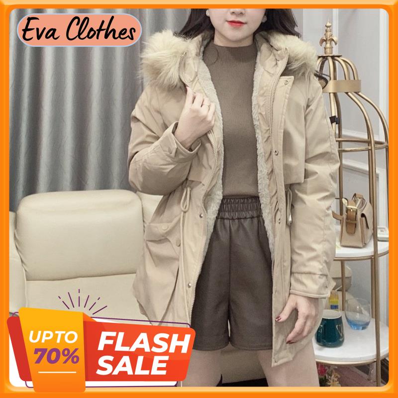 Áo khoác parka kaki nữ trần lông mũ lông túi hộp chéo có dây rút eo áo khoác mùa đông Evaclothes