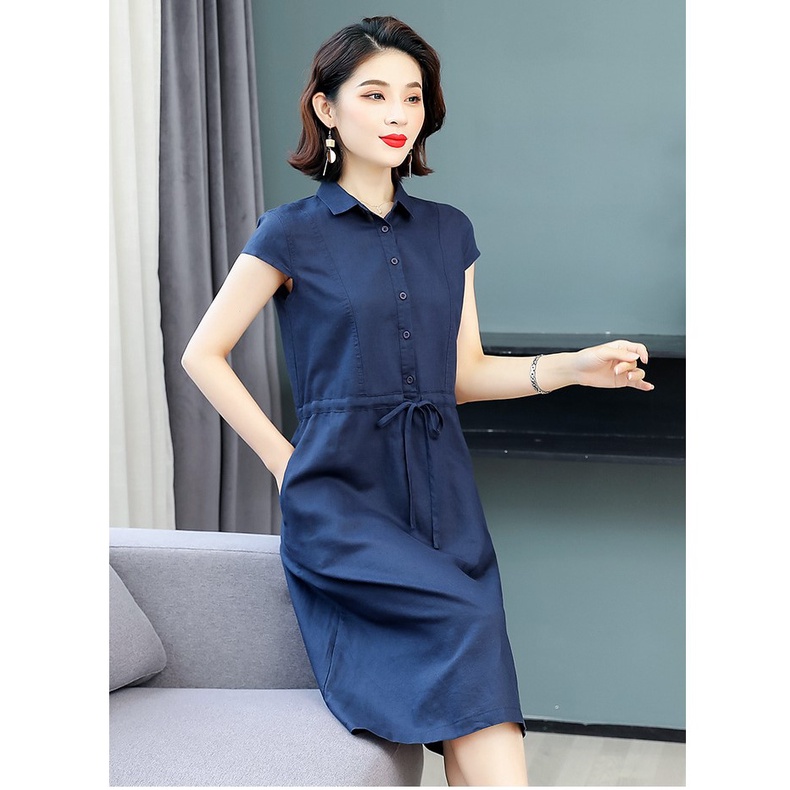 Đầm váy sơ mi suông dáng dài, ngắn tay, dây eo tự chỉn,chất vải đũi đẹp mềm mát D70