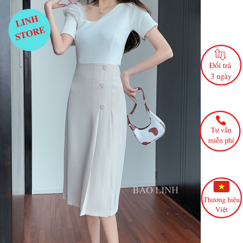 Chân Váy Dài Qua Gối Linh Store Phối Ba Cúc Chữ A Công Sở Chất Liệu Tuyết Mưa Hãng Vitex