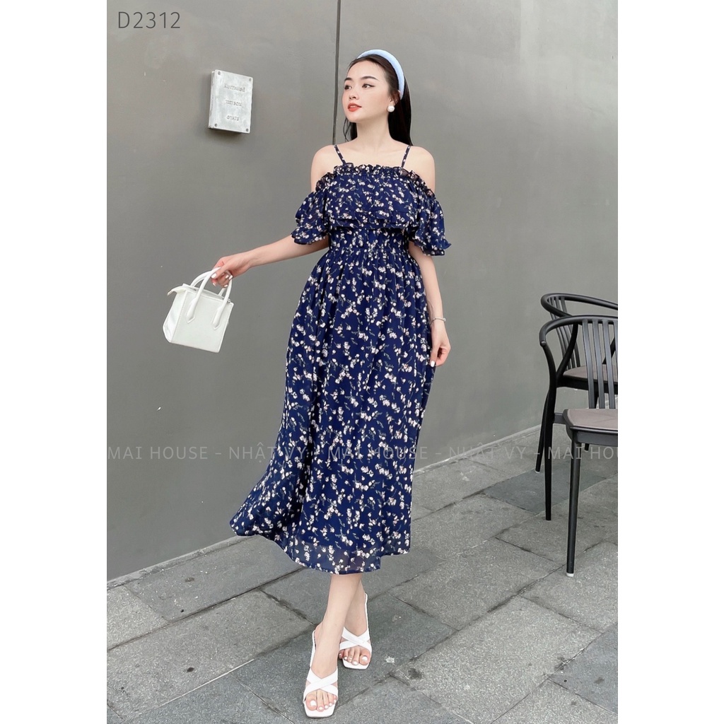 Đầm Trễ Vai Đi Chơi NHẬT VY Chất Voan 2 dây Dáng Maxi Bo Thun Ngực Màu Xanh Đen, X.Biển - D2312