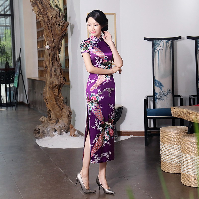 Chinese National Spring Cheongsam Long Dress Peacock Floral Vintage Silk Women Dresses | BigBuy360 - bigbuy360.vn