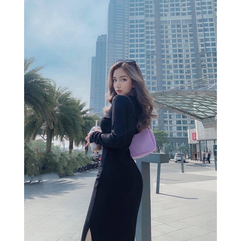Đầm Body Tay Dài Xẻ Tà Cổ Tròn Dáng Ôm Chất Borip  Sexy Dáng Dài Qua Gối Mati House  - YD18629ât