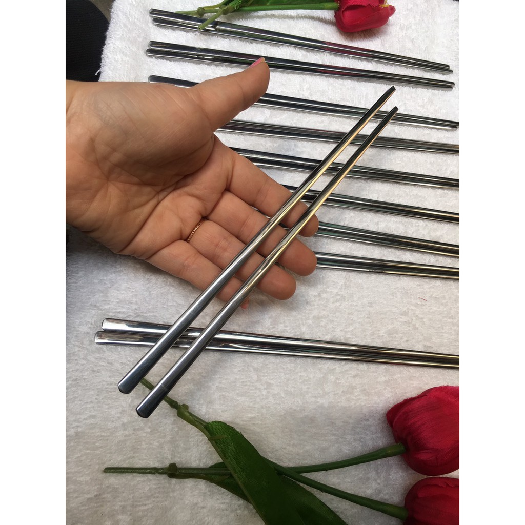 Combo 10 đôi đũa inox đầu dẹp đặc ruột không hoa văn