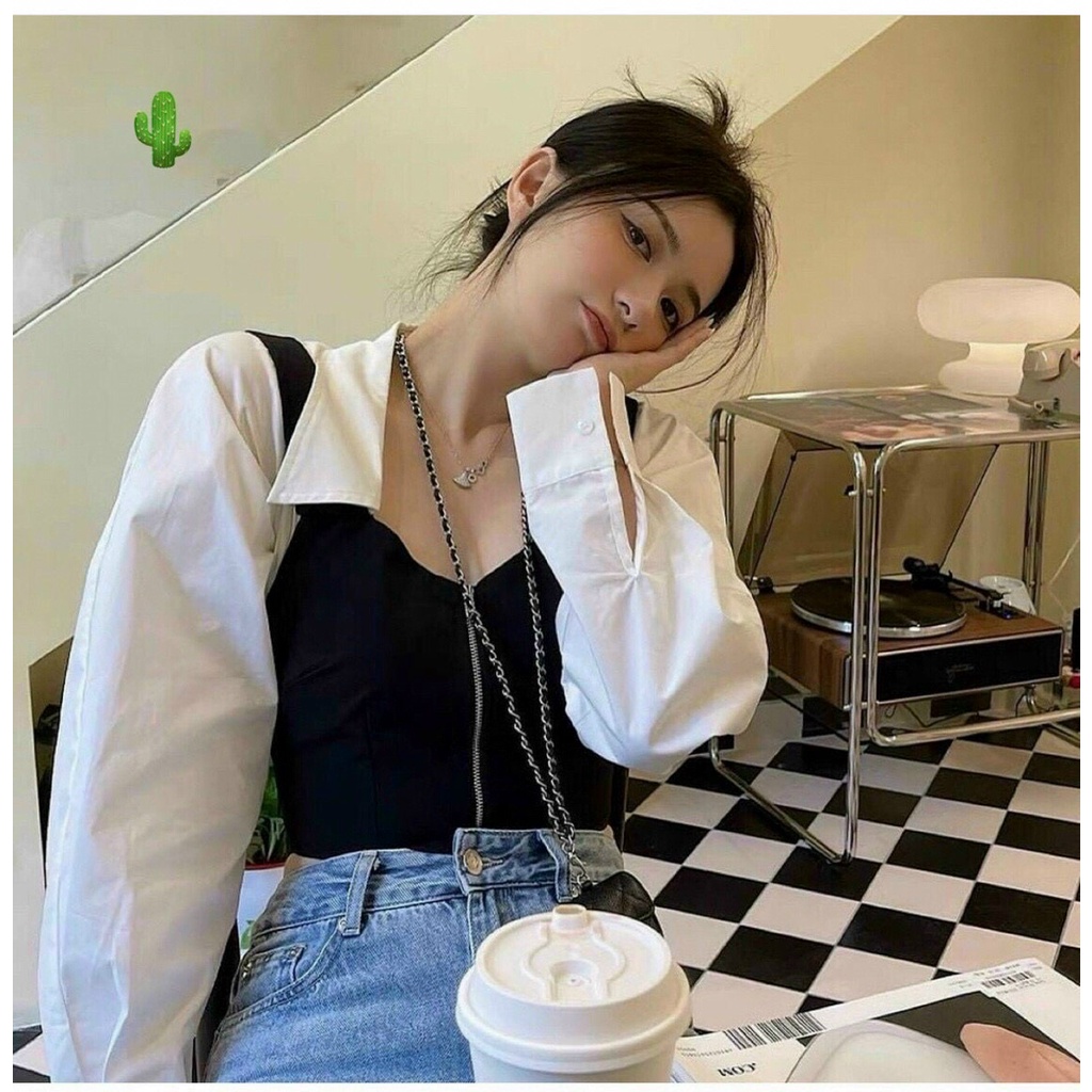 Áo sơ mi tay dài phối thun đen dây kéo giữa cực xinh ( ảnh thật )