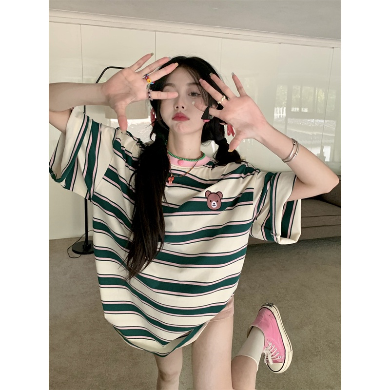 Áo Thun Cotton Cổ Tròn Dáng Rộng Thêu Hình Chú Gấu Thời Trang Hàn Quốc Dành Cho Nữ