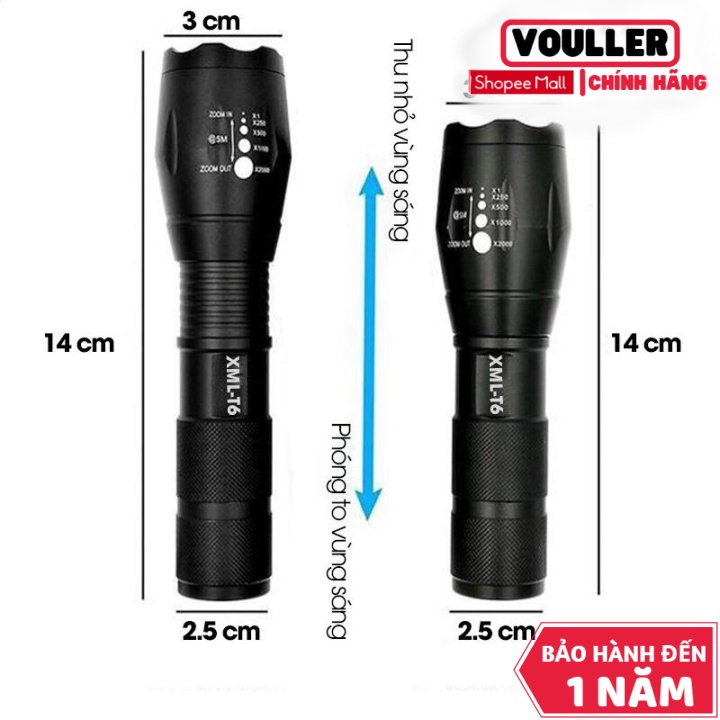 Đèn Pin Led Vouller Siêu Sáng XmlT6 Chống Nước (Tặng Kèm Pin Ultra Và Sạc Đa Năng)