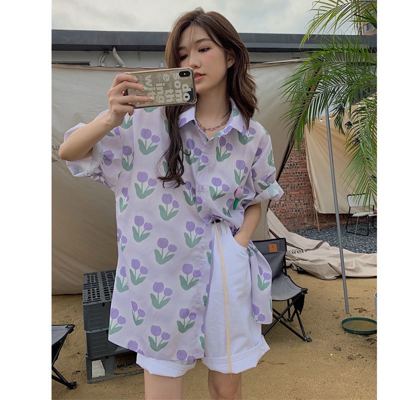 Áo Sơ Mi Ngắn Tay Dáng Rộng In Hình Hoa tulip Thời Trang Mùa Hè Giản Dị Dành Cho Nữ
