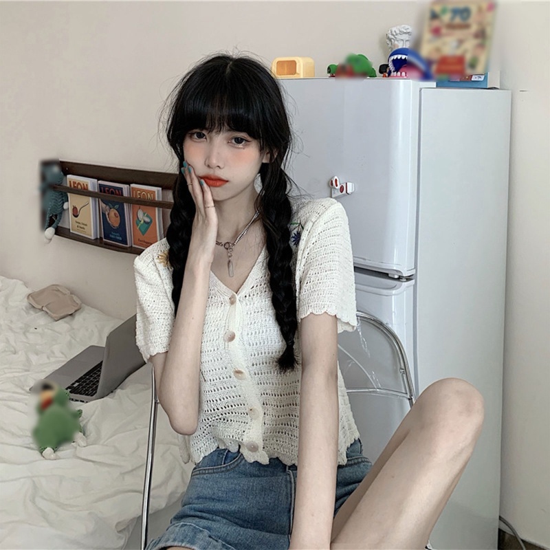 Brroa Áo Khoác Cardigan Dệt Kim Dáng Rộng Hở Lỗ Phối Ren Hoa Phía Trước Đơn Giản Cho Nữ