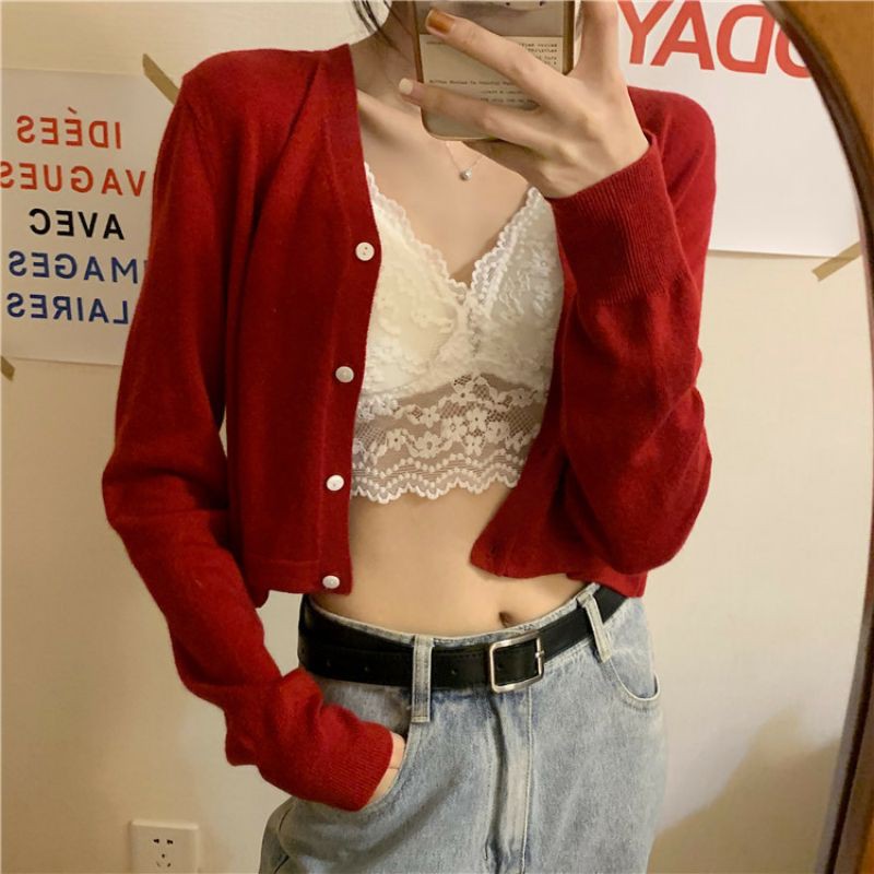 Áo thun nữ tay dài áo khoác len cardigan nữ cổ chữ V dễ thương xinh xắn