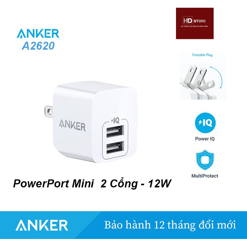 Bộ sạc cáp 12W ANKER - Sạc PowerPort 12W Mini Mã A2620 + Cáp dù Chip C89 Apple Usb A to Lighting Iphone Mã A8152