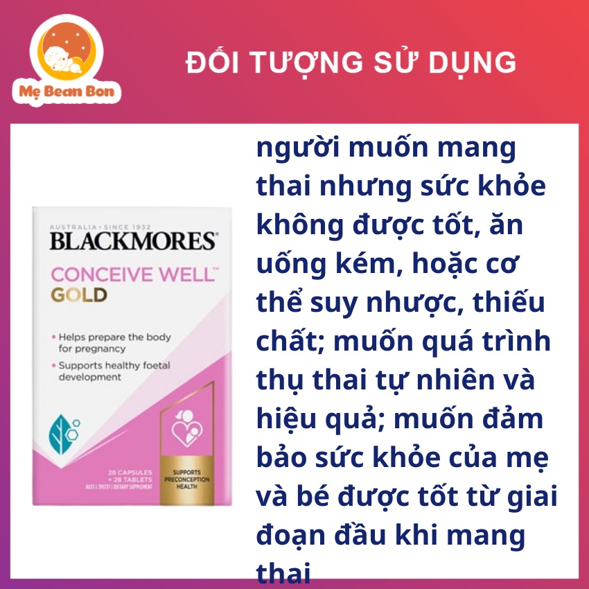 Viên uống tăng khả năng thụ thai cho nữ Blackmores Conceive Well Gold của úc hỗ trợ nội tiết tố - mẹ bean bon