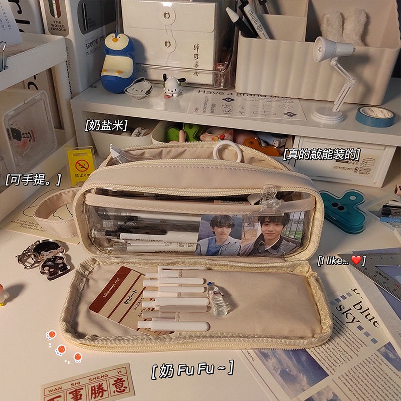 Hộp Đựng Bút Hai Ngăn Sức Chứa Lớn Đa Năng Màu Trong Suốt Phong Cách Hàn Quốc Dành Cho Học Sinh Nữ Ốp